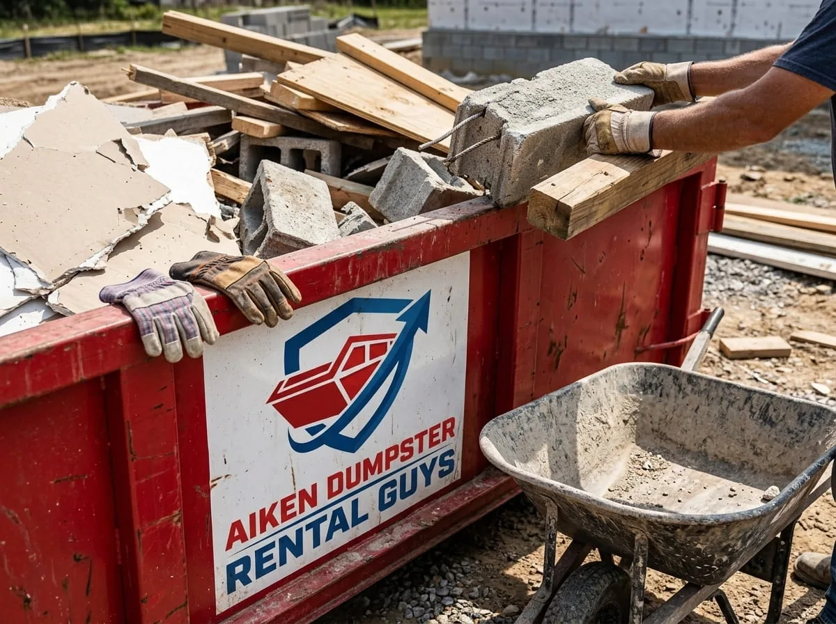 Locally owned dumpster rental company in Aiken SC Aiken Dumpster Rental Guys container on an Aiken County driveway